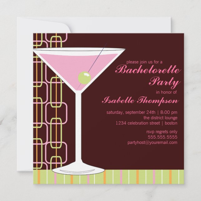 Retro Pink Martini Bachelorette Party Invitation (Front)