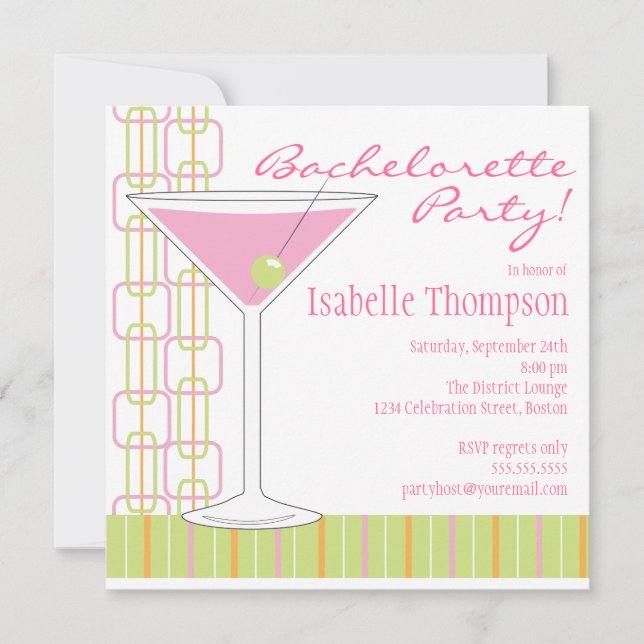 Retro Pink Martini Bachelorette Party Invitation (Front)