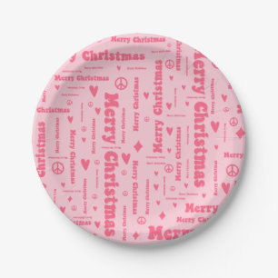 Retro Pink Merry Christmas Peace and Love Pattern Paper Plate