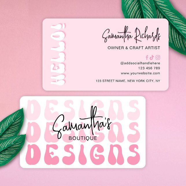 Retro Pink Modern Girly Logo Crafter Designer Business Card (Modern girly artist crafter and designer business cards with retro fonts in pink aesthetic)