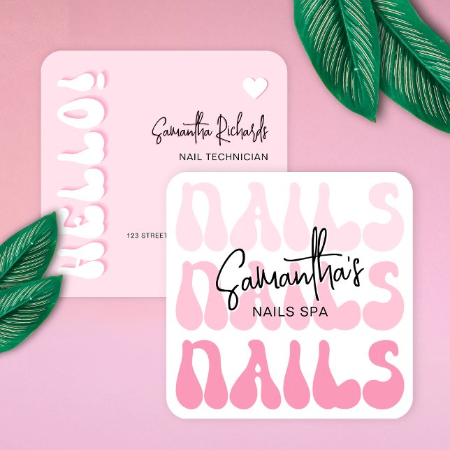 Retro Pink Modern Nail Artist Salon Manicure Square Business Card (Trendy and chic nails spa business cards in girly pink with retro fonts)