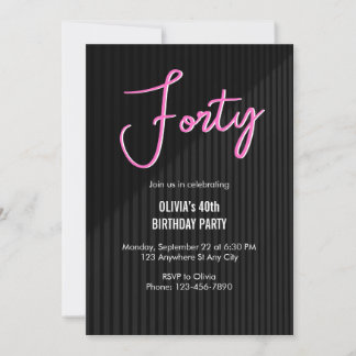 Retro Pink Neon 40th Birthday Invitation