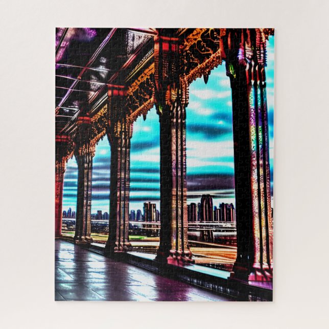 Retro Pink Neon Colours Sketched Fun Wild Cityscap Jigsaw Puzzle (Vertical)