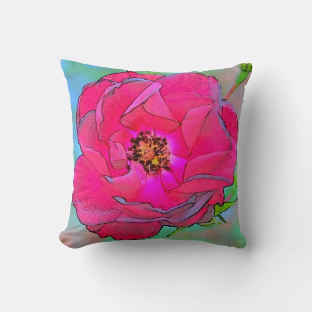 Retro Pink Open Rose Throw Pillow-Hot Pink Back Cushion (Front)