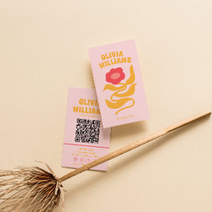 Retro Pink Orange Boho QR Code Groovy Floral Girly Business Card
