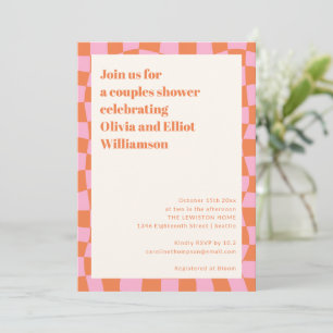Retro Pink Orange Checkerboard Cute Couples Shower Invitation