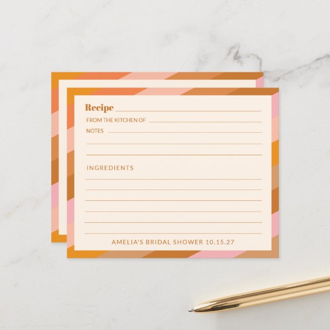 Retro Pink Orange Custom Bridal Shower Recipe Card (Front/Back In Situ)