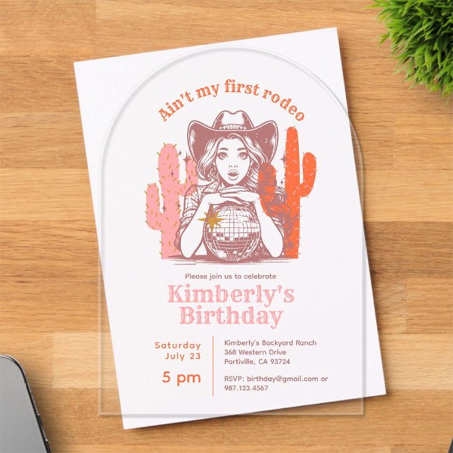 Retro Pink Orange Disco Ball Cowgirl Birthday Acrylic Invitations (Creator Uploaded)