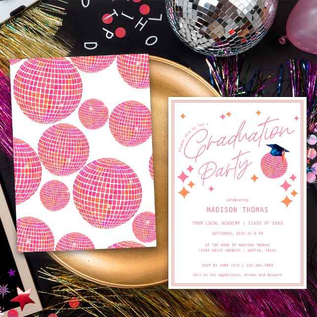 Retro Pink Orange Disco Ball Graduation Party Invitation (Creator Uploaded)