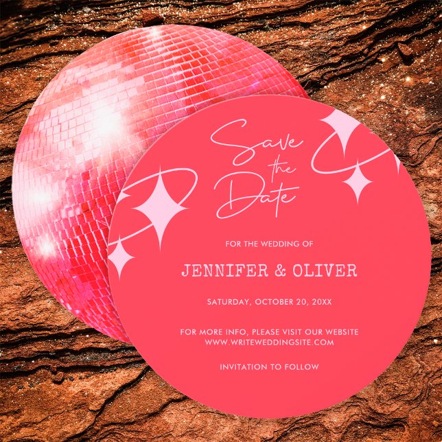 Retro Pink Orange Disco Ball Wedding Save the Date Invitation (Front and Back)