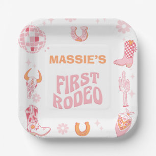 Retro Pink Orange First Rodeo 1st Birthday Paper Plate