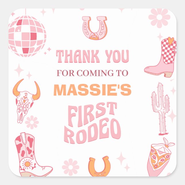 Retro Pink Orange First Rodeo 1st Birthday Square Sticker (Front)