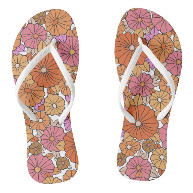 Retro pink orange flowers pattern flip flops (Footbed)