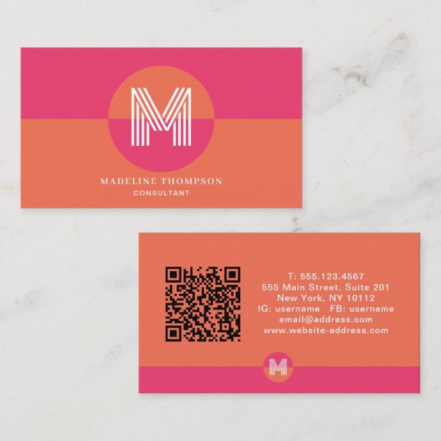 Retro Pink Orange Geometric Monogram QR Code Business Card (Front/Back)
