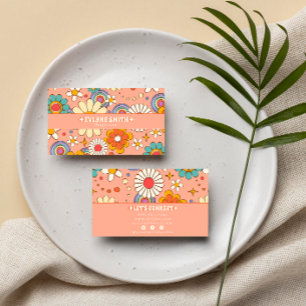 Retro Pink Orange Groovy Floral Boho Girly Trendy Business Card