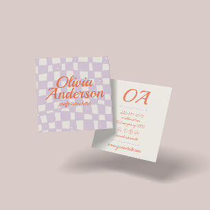 Retro Pink Orange Hand Drawn Chequered Groovy Girl Square Business Card