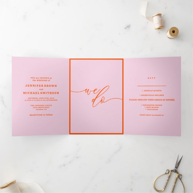 Retro pink orange Modern Wedding Tri-Fold Card (Inside)