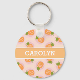 Retro pink orange pineapple patterns monogram key ring
