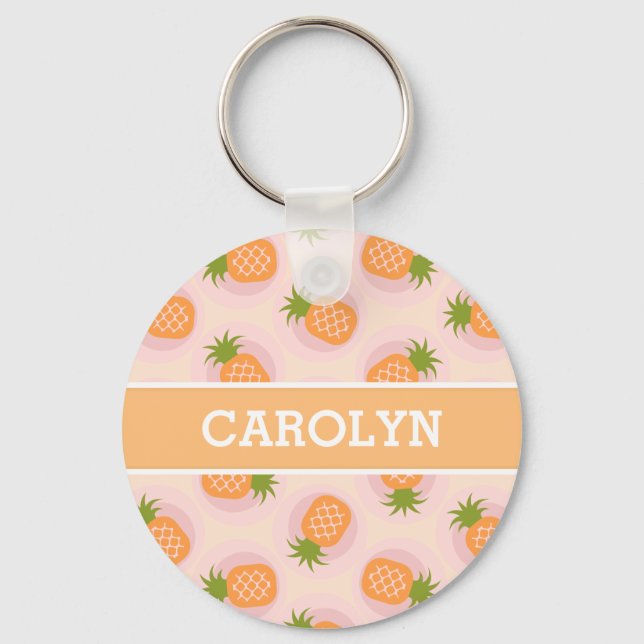 Retro pink orange pineapple patterns monogram key ring (Front)