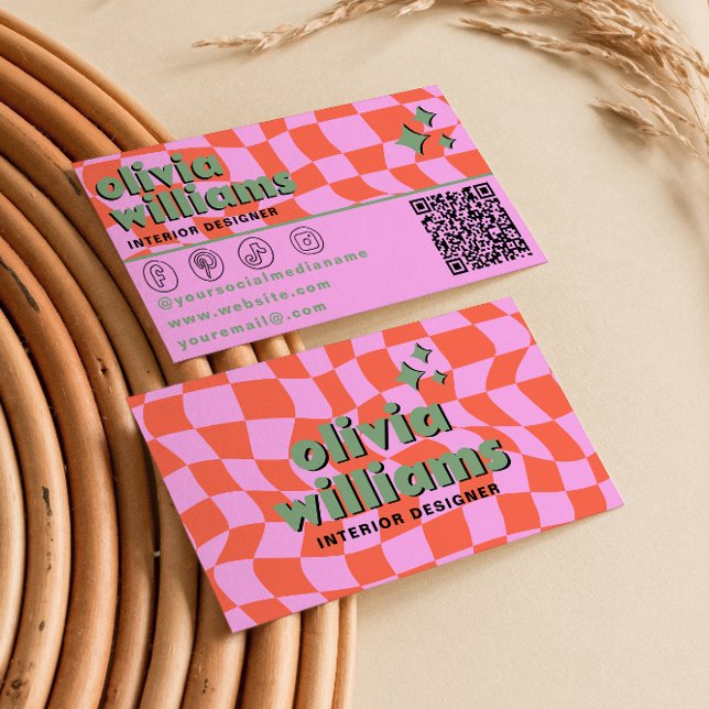 Retro Pink Orange QR Code Groovy Checkered Unique Business Card (Creator Uploaded)