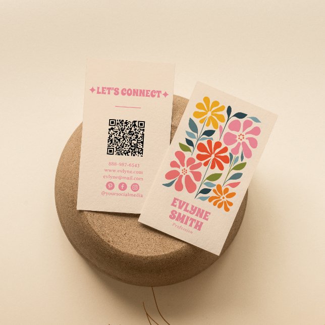 Retro Pink Orange QR Code Groovy Floral Girly Boho Business Card (Creator Uploaded)