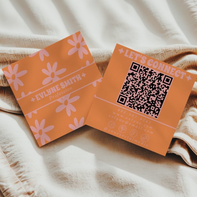 Retro Pink Orange QR Code Groovy Floral Girly  Square Business Card (Creator Uploaded)