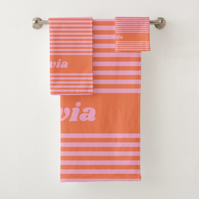 Retro Pink Orange Stripe Personalized Name Bath Towel Set (Insitu)
