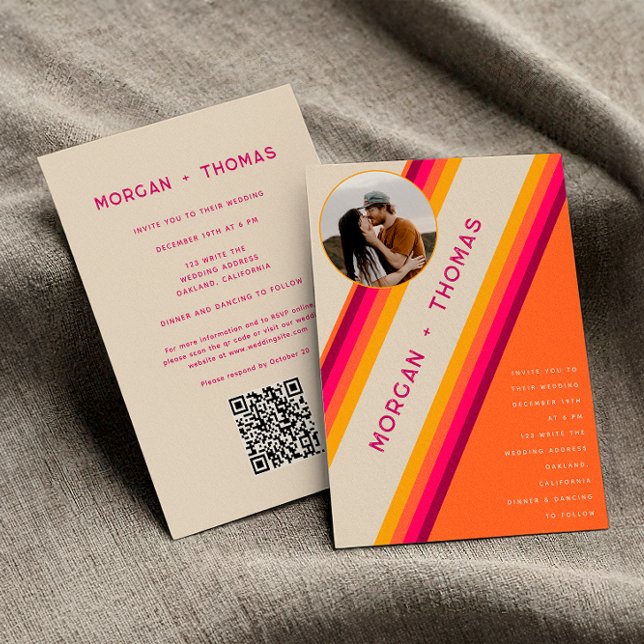 Retro Pink Orange Stripes 70s 80s QR Code Wedding Invitation (Front / Back)