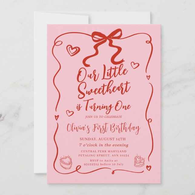 Retro Pink Our Little Sweetheart Red 1st Birthday Invitation (Front)