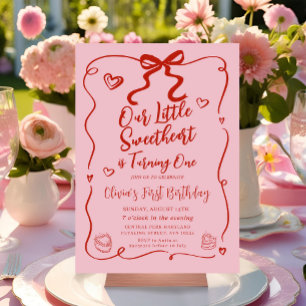 Retro Pink Our Little Sweetheart Red 1st Birthday Invitation