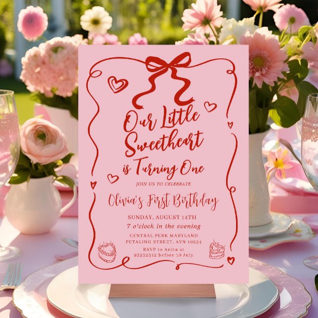 Retro Pink Our Little Sweetheart Red 1st Birthday Invitation (Creator Uploaded)