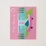 Retro Pink Palm Springs Puzzle<br><div class="desc">Between the pink background, turquoise mid century modern home, and the classic 1950s car, this design couldn’t be more Palm Springs if it said it in the clouds. Oh, wait, it does say it in the clouds! The blue and teal stone of the house is offset by the sputnik light...</div>