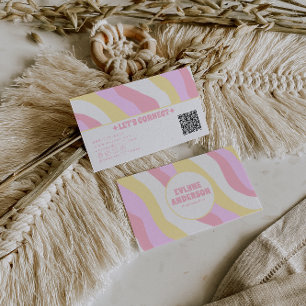 Retro Pink Pastel QR Code 70s Boho Groovy Girly  Business Card