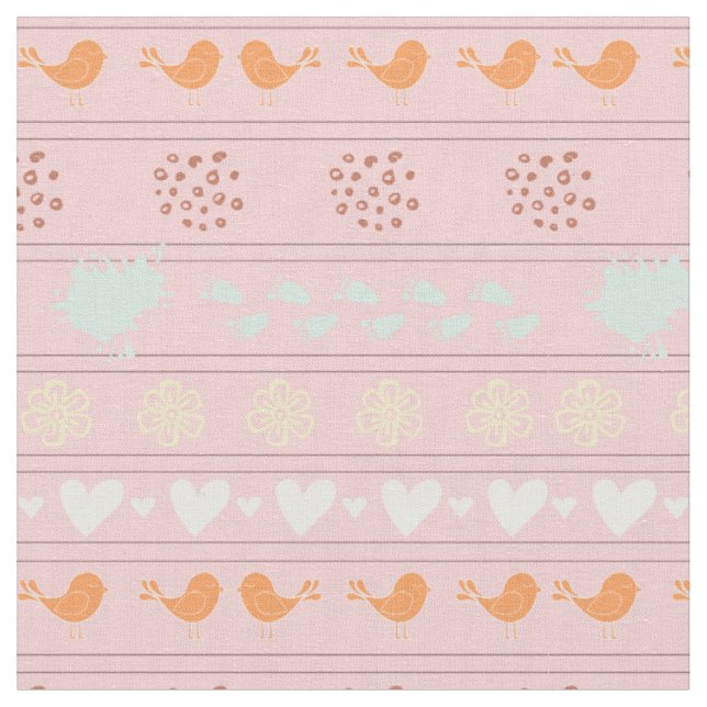 Retro pink pattern of birds, dots, flowers, fabric (Close Up)