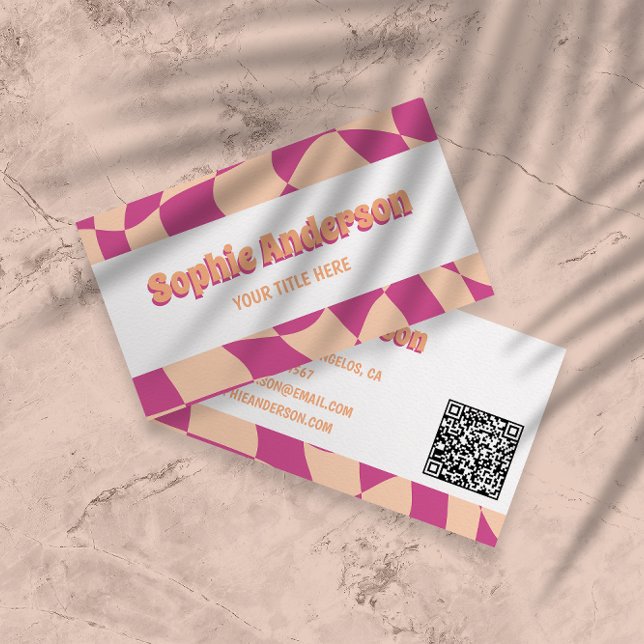 Retro Pink & Peach Wavy Pattern with QR Code  Business Card (Creator Uploaded)