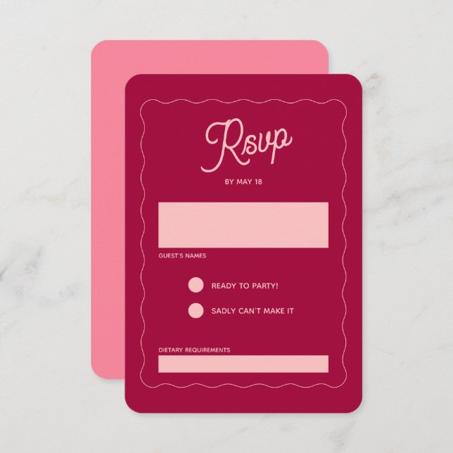 Retro Pink Peachy Fuchsia Wave Frame Wedding RSVP Card (Front/Back)