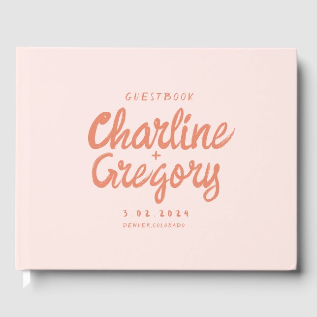 Retro Pink PeachyHandwriting Wedding  Guest Book (Front)