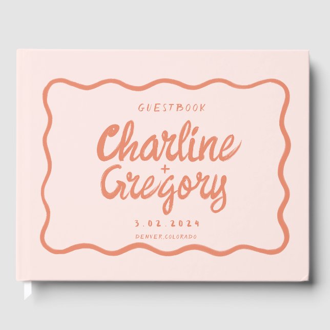 Retro Pink PeachyHandwriting Wedding  Guest Book (Front)