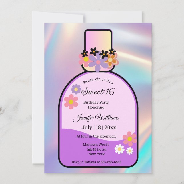 retro pink perfume bottle sweet 16 holographic invitation (Front)