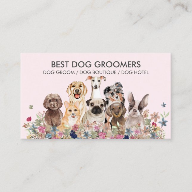 Retro Pink PetSitter dogs flowers veterinary Business Card (Front)
