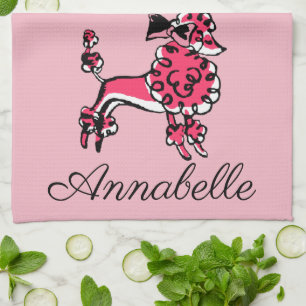 Retro Pink Poodles Personalise Tea Towel