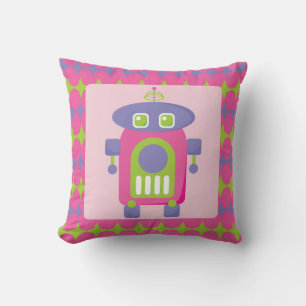 Retro Pink, Purple and Green Robot with Stars Cushion