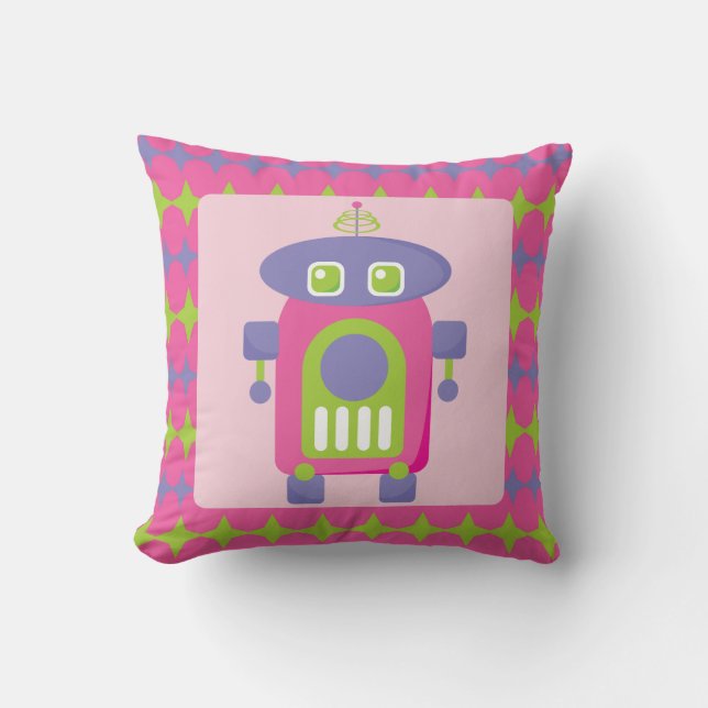 Retro Pink, Purple and Green Robot with Stars Cushion (Front)