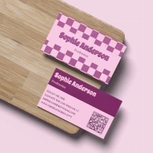 Retro Pink & Purple Chequerboard with QR Code Business Card