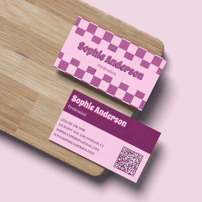 Retro Pink & Purple Chequerboard with QR Code Business Card (Creator Uploaded)