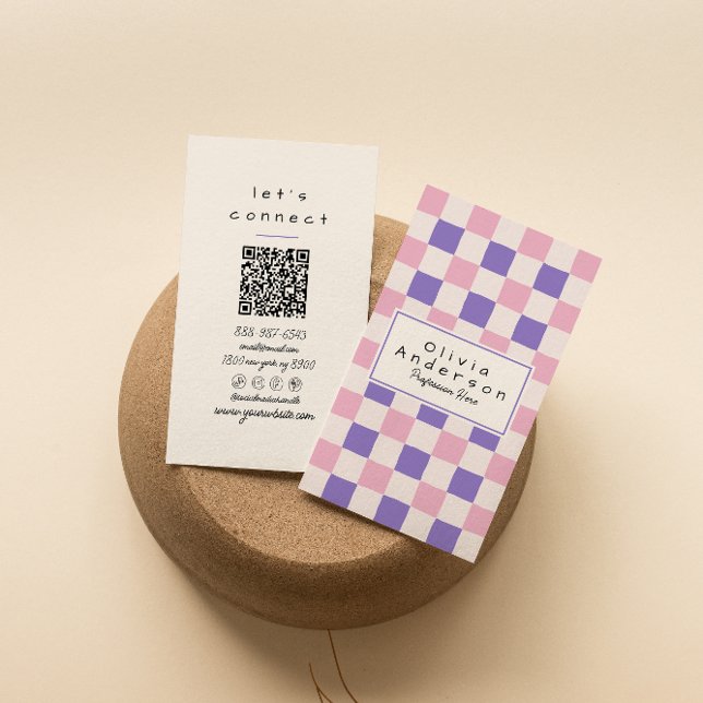 Retro Pink Purple Chequered Trendy Boho QR Code Business Card (Creator Uploaded)
