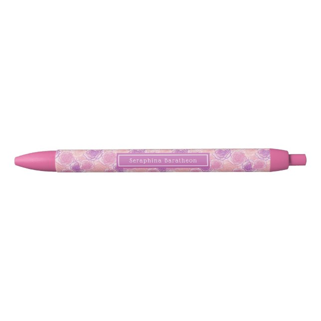 Retro Pink Purple Floral Custom Name Black Ink Pen (Front)