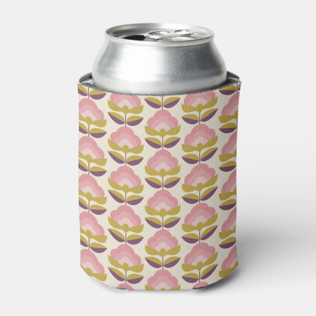 Retro Pink & Purple Floral Pattern Can Cooler (Can Front)