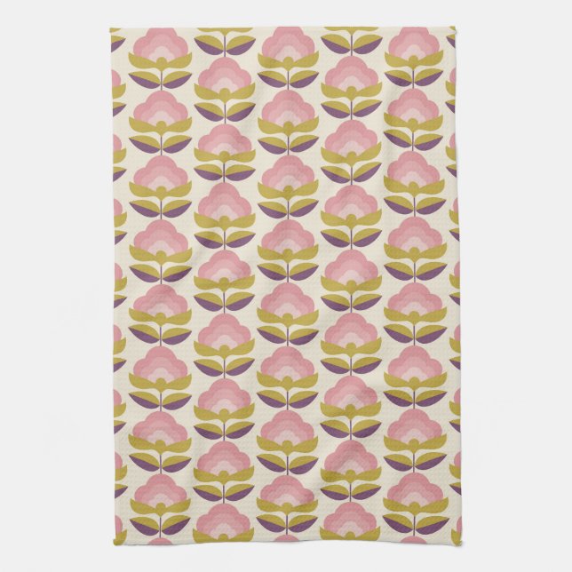 Retro Pink & Purple Floral Pattern Tea Towel (Vertical)