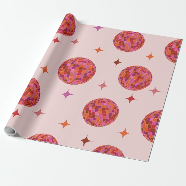 Retro Pink Purple Orange Disco Balls with Stars  Wrapping Paper (Unrolled)